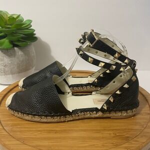 Valentino Garavani Rockstud Black Espadrille Size 7 Leather Studded Flat Luxury